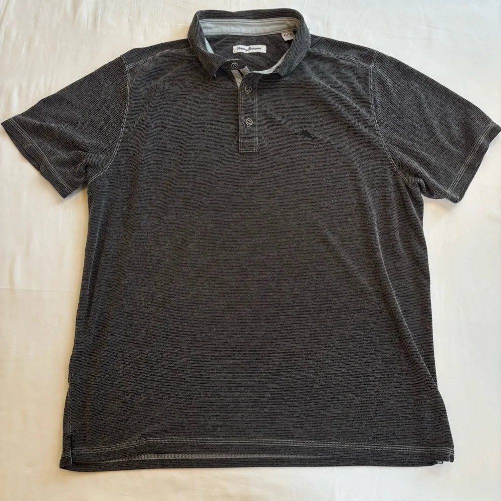 Tommy Bahama Men's XL Polo Shirt - Charcoal Gray Striped - Short Sleeve